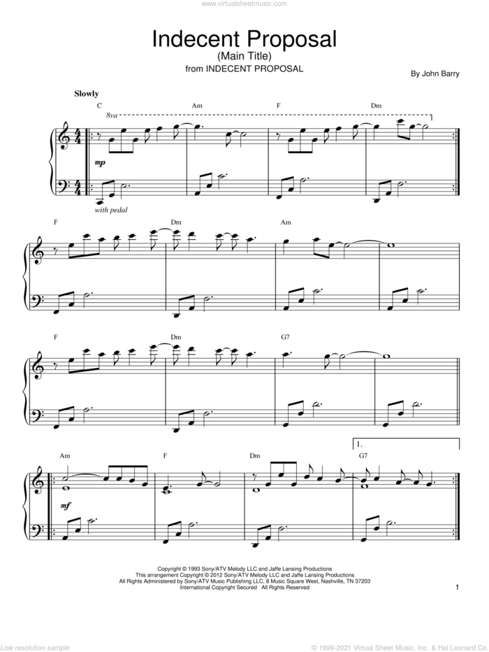 Indecent Proposal (Main Theme) sheet music for piano solo by John Barry, intermediate skill level