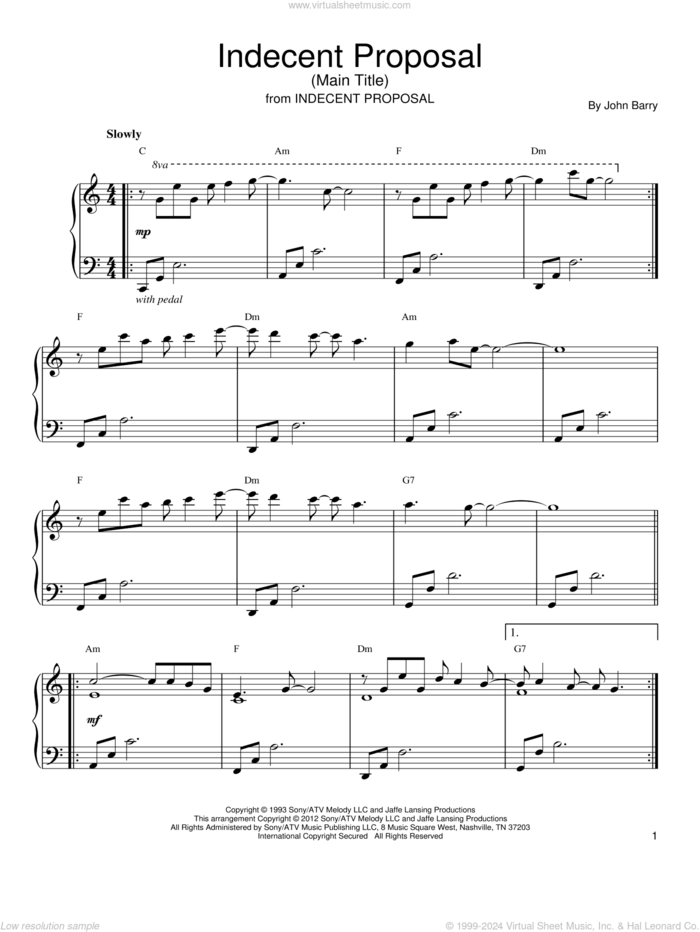 Indecent Proposal (Main Theme) sheet music for piano solo by John Barry, intermediate skill level