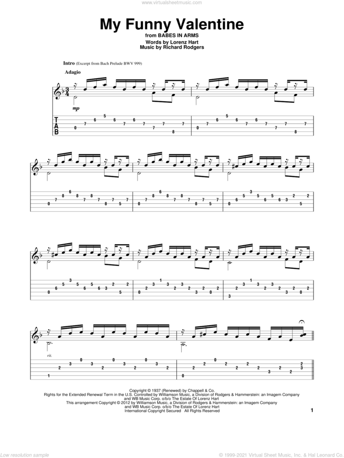 My Funny Valentine sheet music for guitar solo by Rodgers & Hart, Gene Bertoncini, Lorenz Hart and Richard Rodgers, intermediate skill level