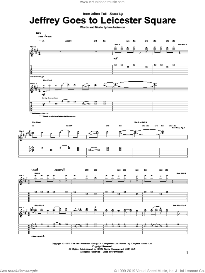 Jeffrey Goes To Leicester Square sheet music for guitar (tablature) by Jethro Tull and Ian Anderson, intermediate skill level