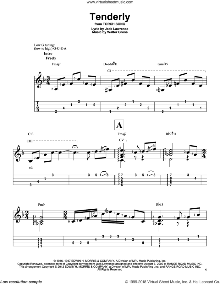Tenderly sheet music for ukulele (easy tablature) (ukulele easy tab) by Walter Gross and Jack Lawrence, intermediate skill level