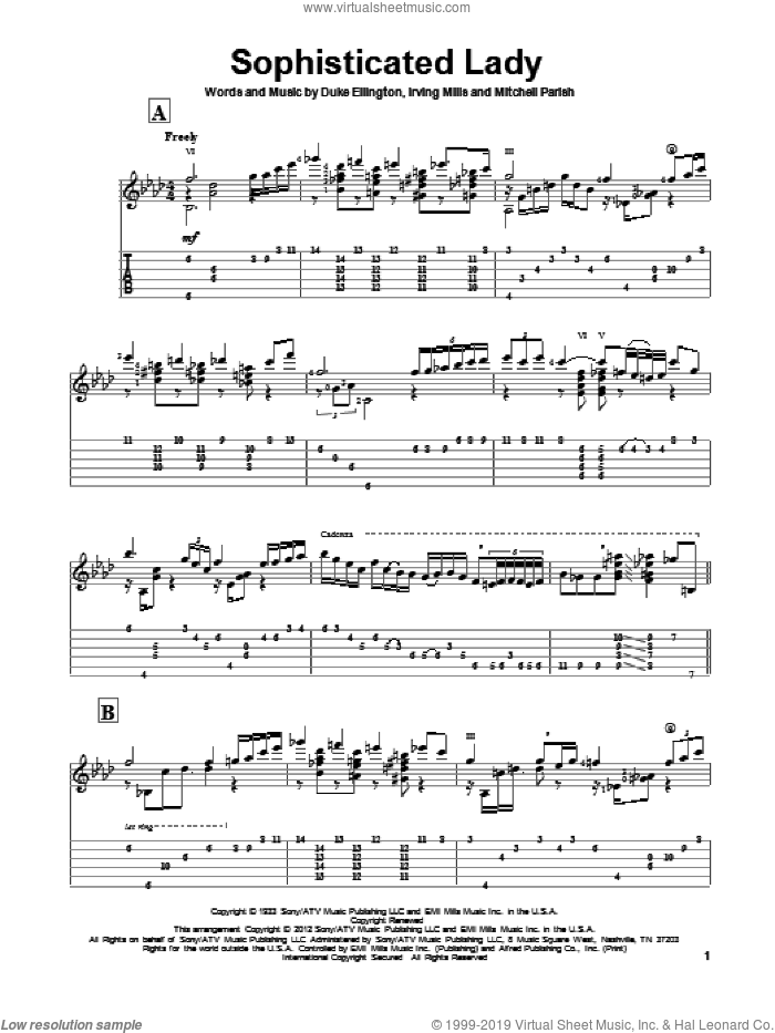 Sophisticated Lady sheet music for guitar solo by Duke Ellington, Gene Bertoncini, Irving Mills and Mitchell Parish, intermediate skill level