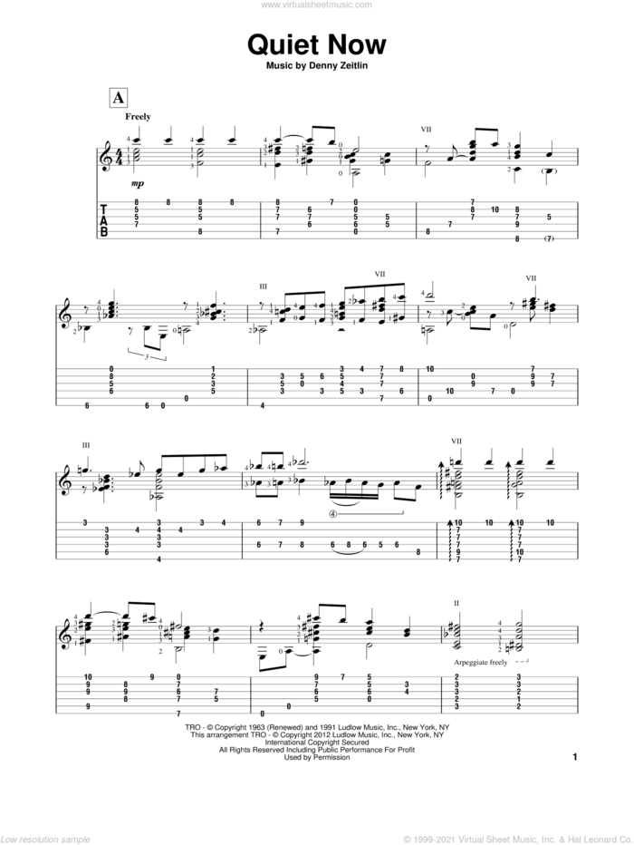 Quiet Now sheet music for guitar solo by Gene Bertoncini and Denny Zeitlin, intermediate skill level
