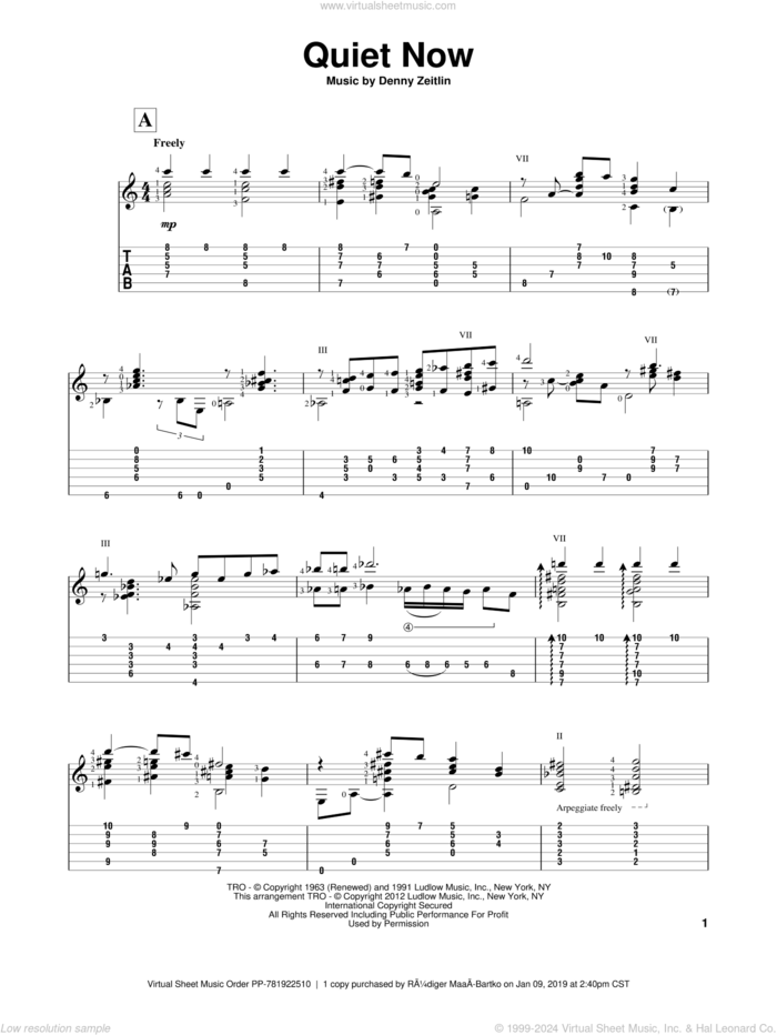 Quiet Now sheet music for guitar solo by Gene Bertoncini and Denny Zeitlin, intermediate skill level