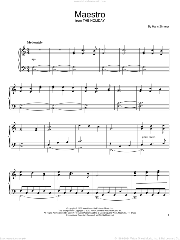 Maestro sheet music for piano solo by Hans Zimmer, intermediate skill level