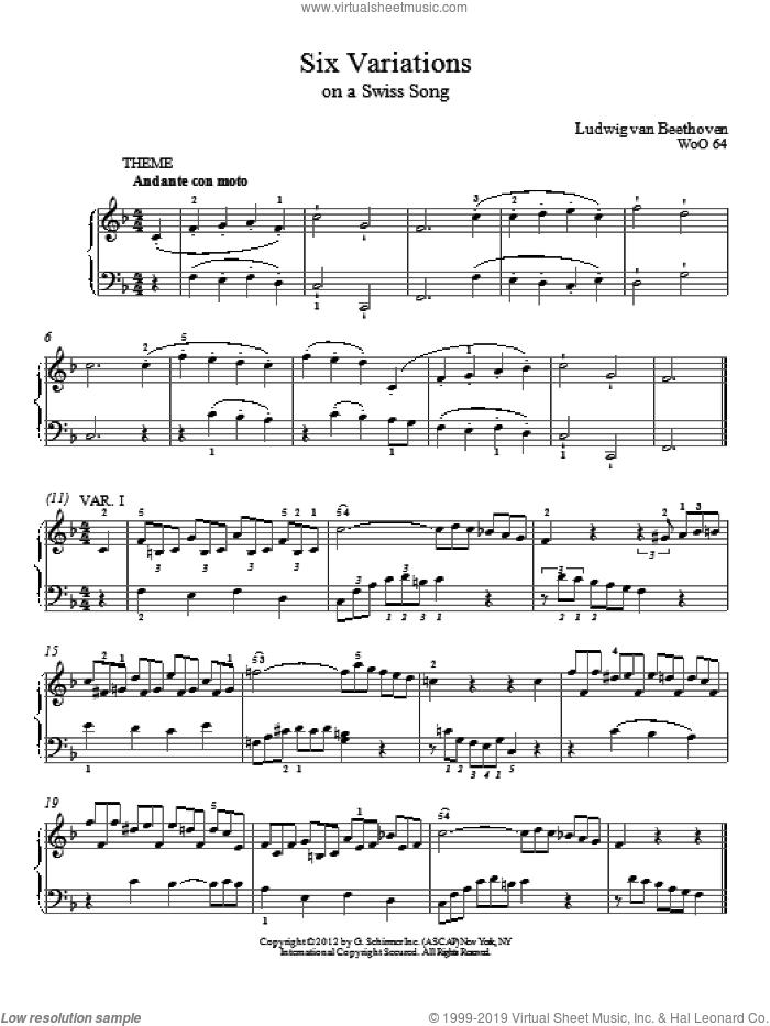 Six Variations On A Swiss Song In F Major, WoO 64 sheet music for piano solo by Ludwig van Beethoven and Immanuela Gruenberg, classical score, intermediate skill level