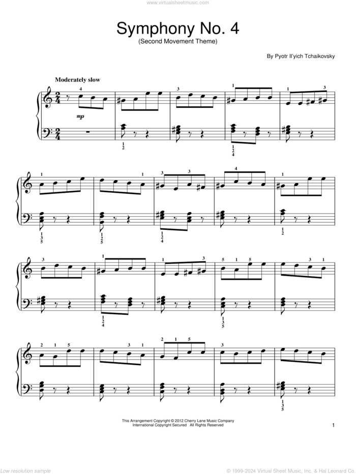 Symphony No. 4 In F Minor, Op. 36, Second Movement Excerpt, (easy) sheet music for piano solo by Pyotr Ilyich Tchaikovsky, classical score, easy skill level