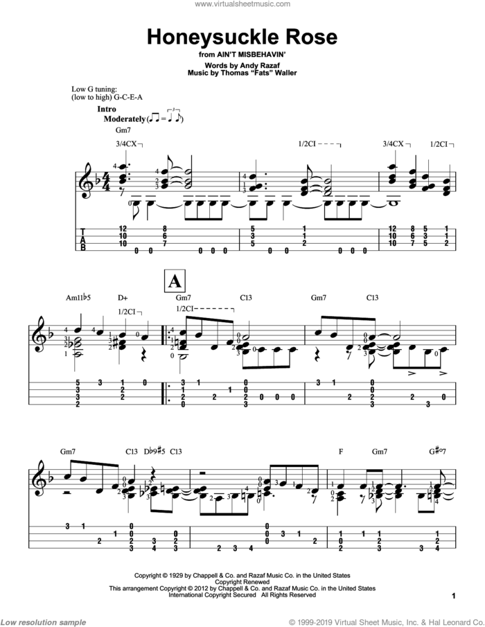Honeysuckle Rose sheet music for ukulele (easy tablature) (ukulele easy tab) by Django Reinhardt, Andy Razaf and Thomas Waller, intermediate skill level