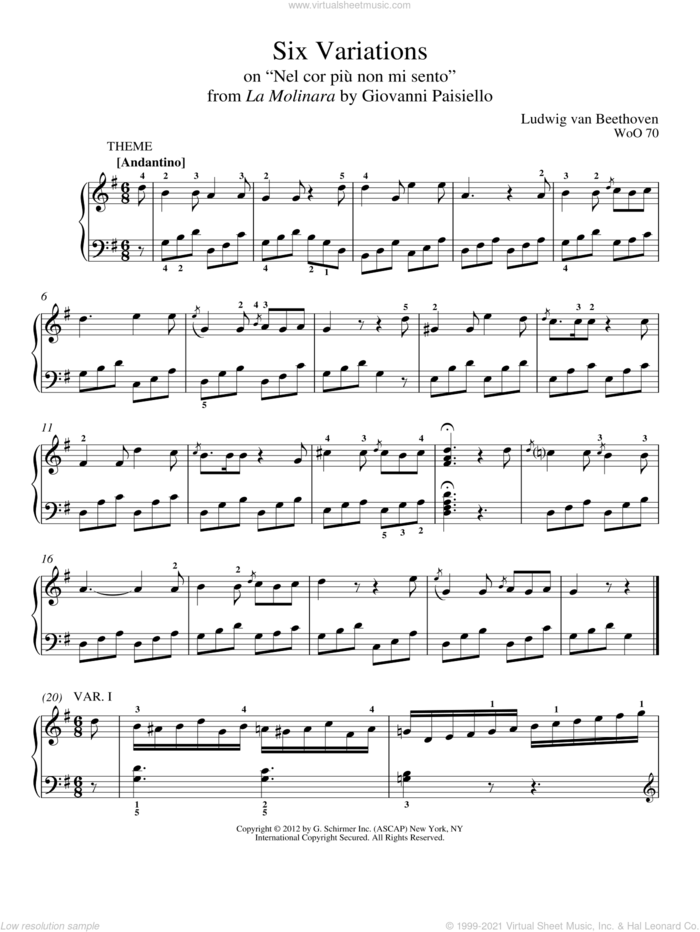 Six Variations On 'Nel Cor Piu Non Mi Sento' sheet music for piano solo by Ludwig van Beethoven and Immanuela Gruenberg, classical score, intermediate skill level
