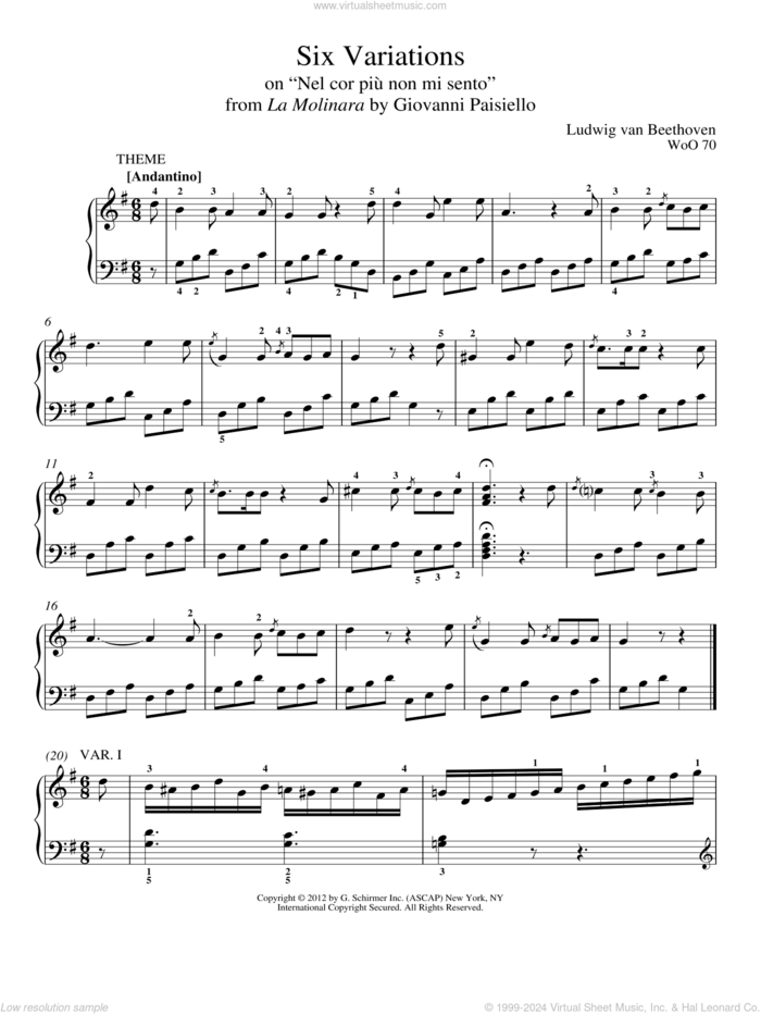 Six Variations On 'Nel Cor Piu Non Mi Sento' sheet music for piano solo by Ludwig van Beethoven and Immanuela Gruenberg, classical score, intermediate skill level