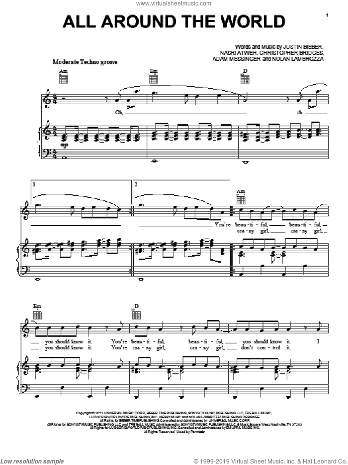 All Around The World sheet music for voice, piano or guitar by Justin Bieber, intermediate skill level