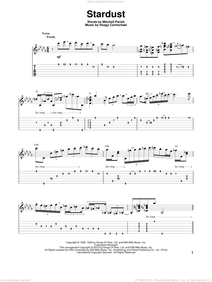 Stardust sheet music for guitar solo by Artie Shaw, Gene Bertoncini, Hoagy Carmichael and Mitchell Parish, intermediate skill level