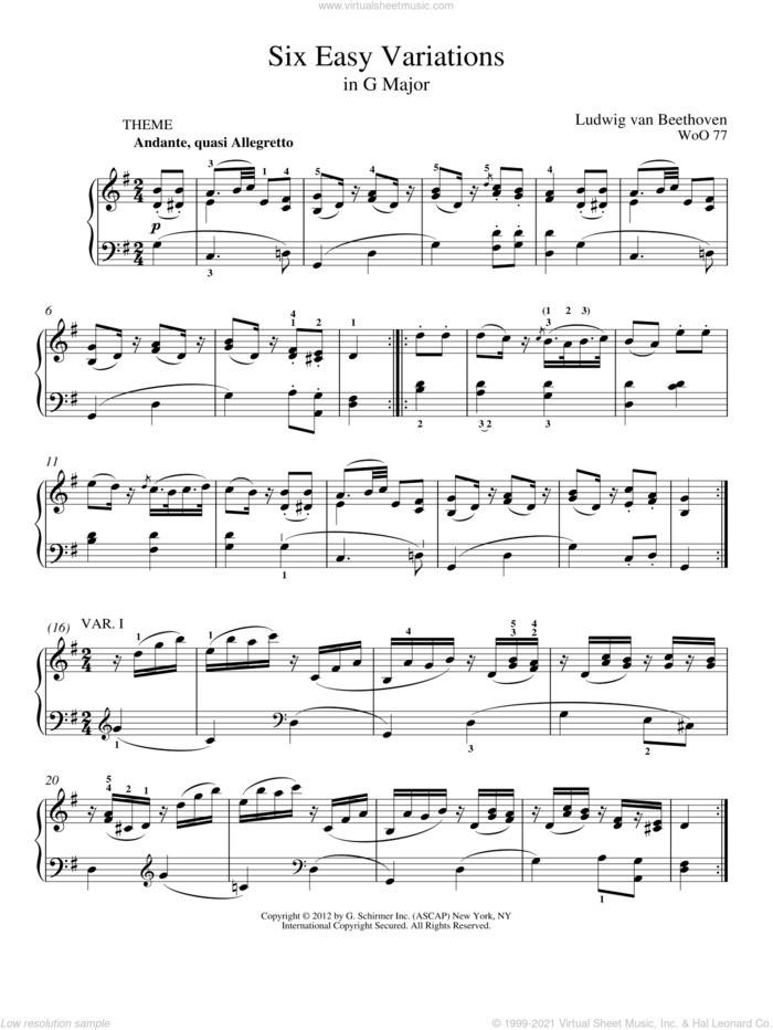 Six Variations In G Major, WoO 77 sheet music for piano solo by Ludwig van Beethoven and Immanuela Gruenberg, classical score, intermediate skill level