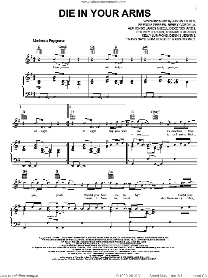 Die In Your Arms sheet music for voice, piano or guitar by Justin Bieber, intermediate skill level