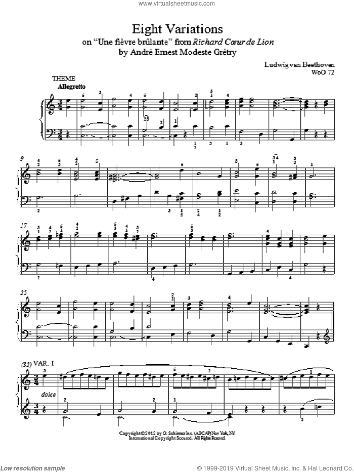 Eight Variations On 'Une Fievre Brulante' sheet music for piano solo by Ludwig van Beethoven and Immanuela Gruenberg, intermediate skill level