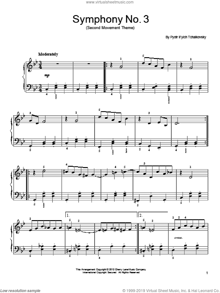 Symphony No. 3 In D Minor ('Polish'), Op. 29, First Movement Excerpt, (easy) sheet music for piano solo by Pyotr Ilyich Tchaikovsky, classical score, easy skill level