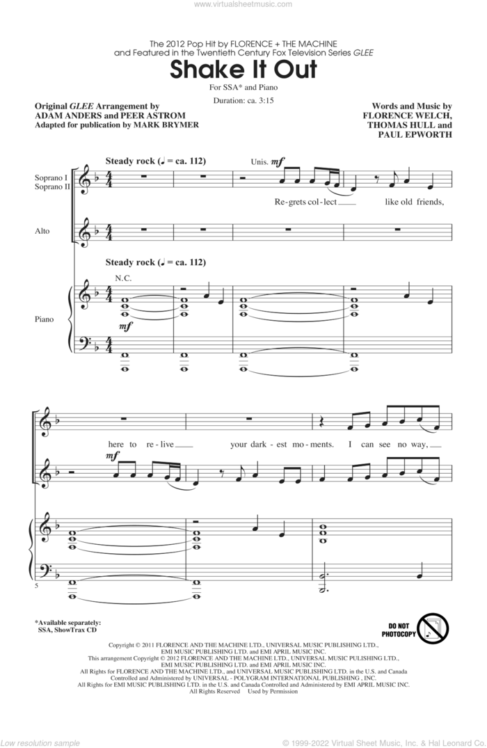Shake It Out sheet music for choir (SSA: soprano, alto) by Mark Brymer and Glee Cast, intermediate skill level