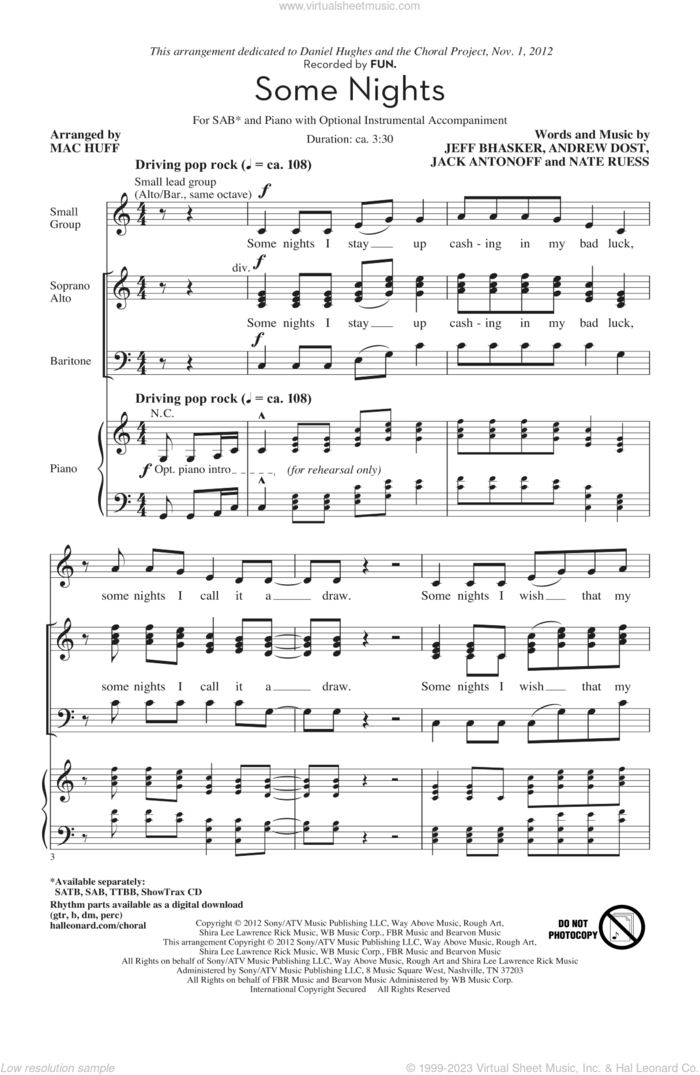 Some Nights (arr. Mac Huff) sheet music for choir (SAB: soprano, alto, bass) by Mac Huff and Fun, intermediate skill level