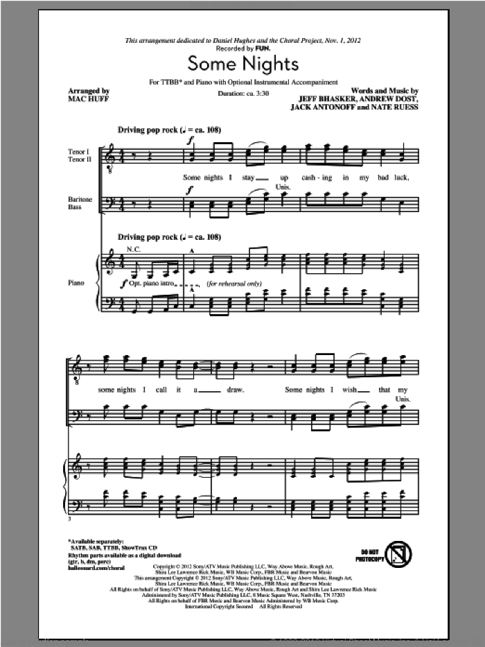 Some Nights (arr. Mac Huff) sheet music for choir (TTBB: tenor, bass) by Mac Huff and Fun, intermediate skill level