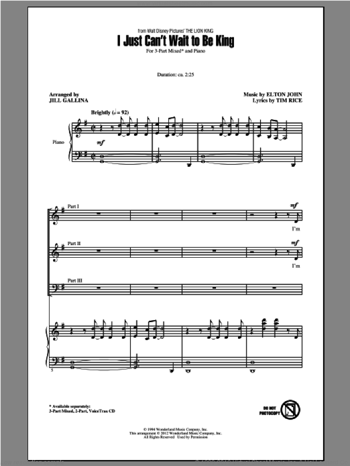 I Just Can't Wait To Be King (from The Lion King) (arr. Jill Gallina) sheet music for choir (3-Part Mixed) by Elton John, Jill Gallina, J. Gallina and Tim Rice, intermediate skill level
