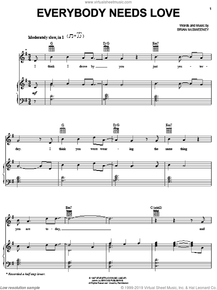 Everybody Needs Love sheet music for voice, piano or guitar by Seven Day Jesus and Brian Mcsweeney, intermediate skill level