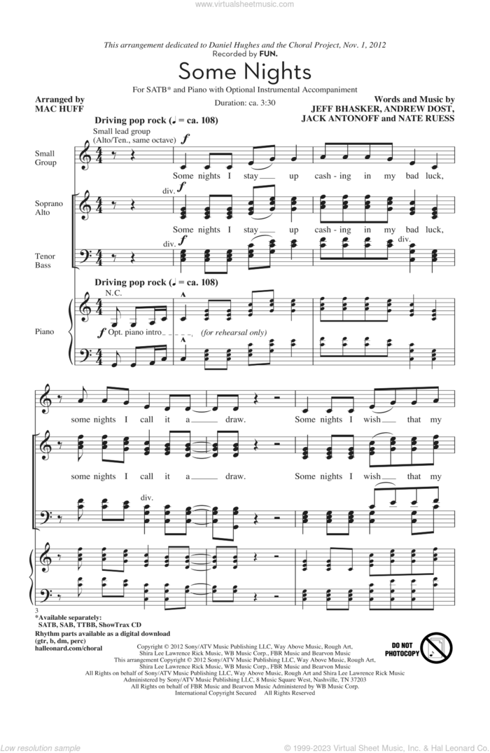 Some Nights (arr. Mac Huff) sheet music for choir (SATB: soprano, alto, tenor, bass) by Mac Huff and Fun, intermediate skill level