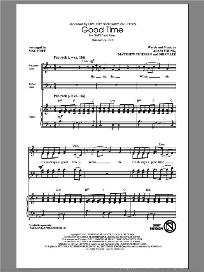Good Time sheet music for choir (SATB: soprano, alto, tenor, bass) by Mac Huff and Owl City, intermediate skill level