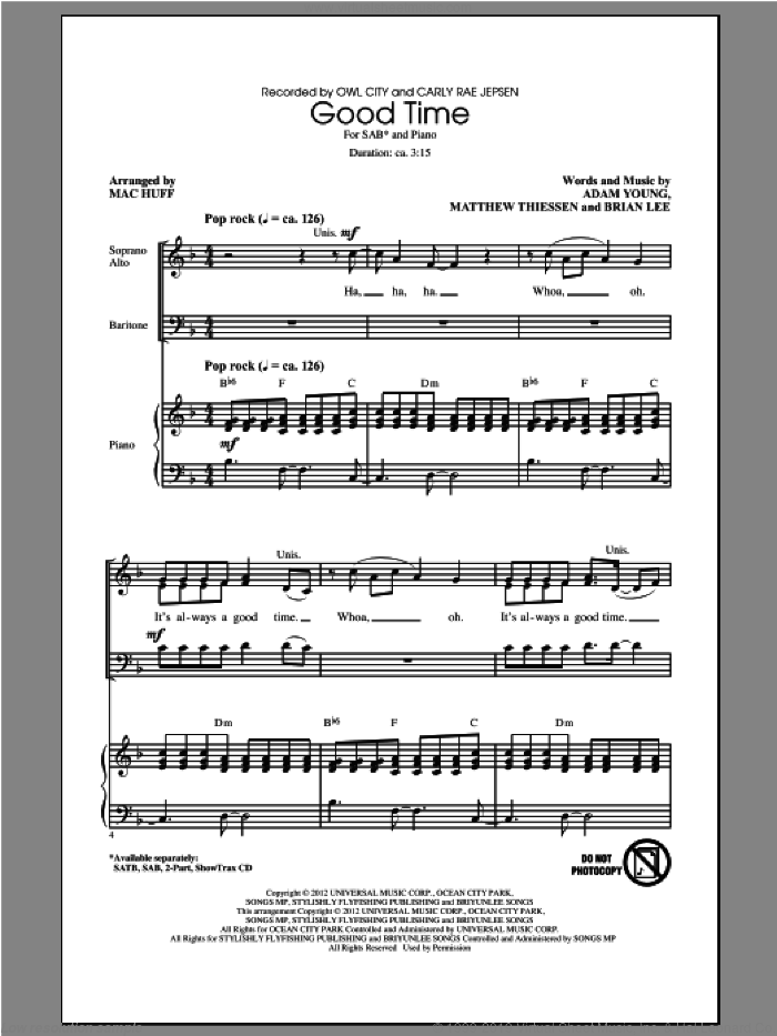Good Time sheet music for choir (SAB: soprano, alto, bass) by Mac Huff and Owl City, intermediate skill level