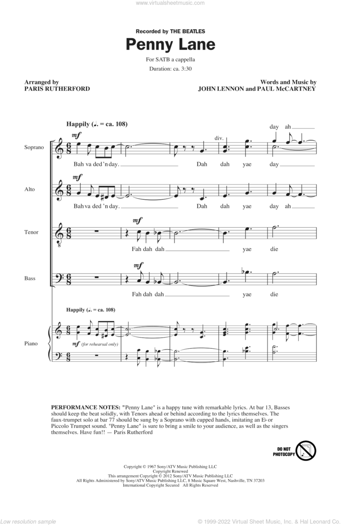 Penny Lane sheet music for choir (SATB: soprano, alto, tenor, bass) by The Beatles, John Lennon, Paris Rutherford and Paul McCartney, intermediate skill level