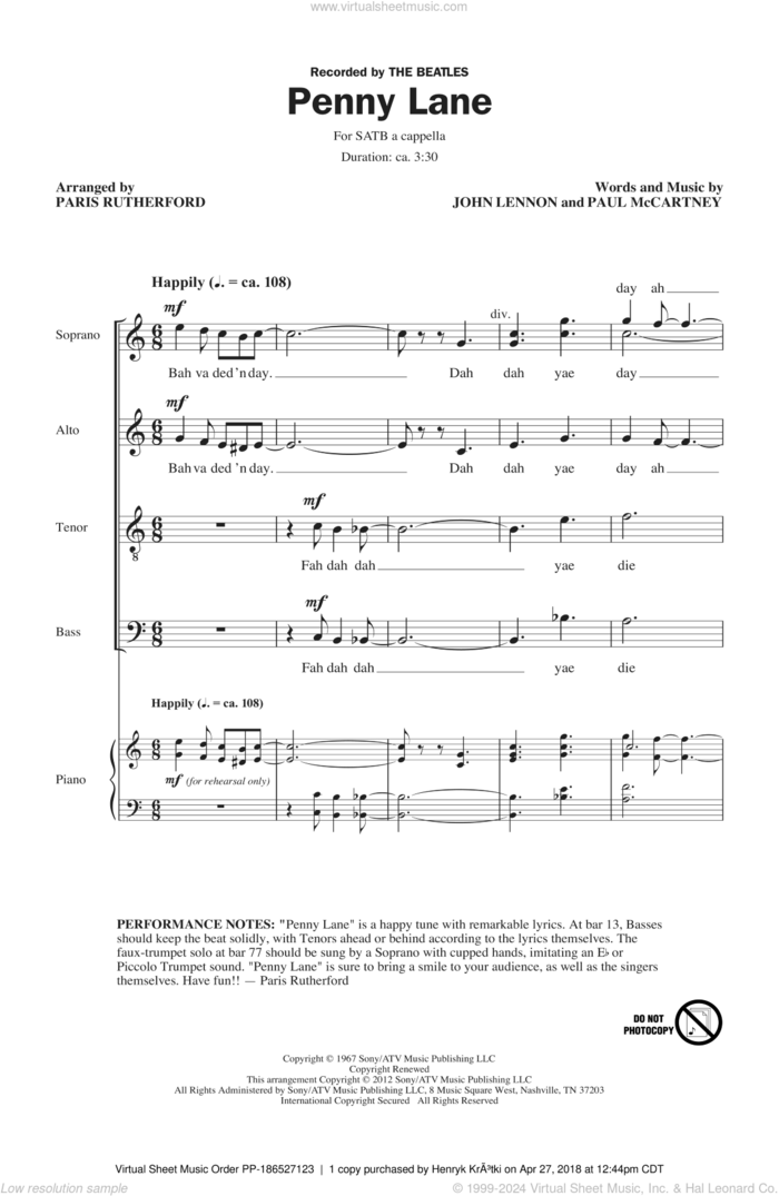 Penny Lane sheet music for choir (SATB: soprano, alto, tenor, bass) by The Beatles, John Lennon, Paris Rutherford and Paul McCartney, intermediate skill level