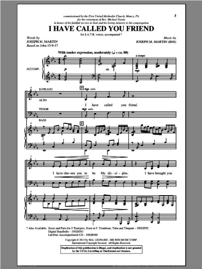 I Have Called You Friend sheet music for choir (SATB: soprano, alto, tenor, bass) by Joseph M. Martin, intermediate skill level
