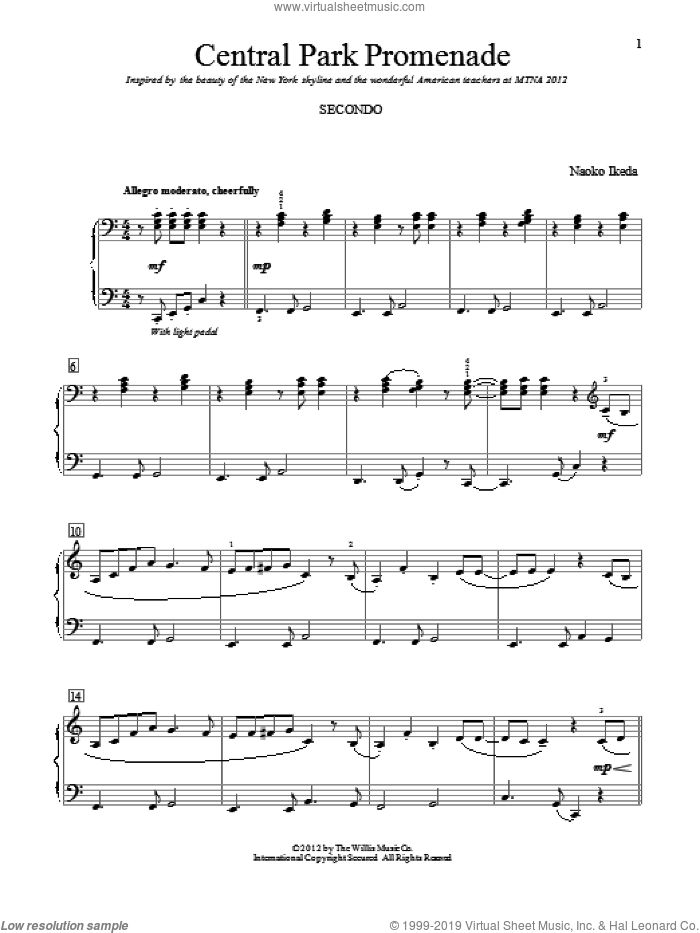 Central Park Promenade sheet music for piano four hands by Naoko Ikeda, intermediate skill level