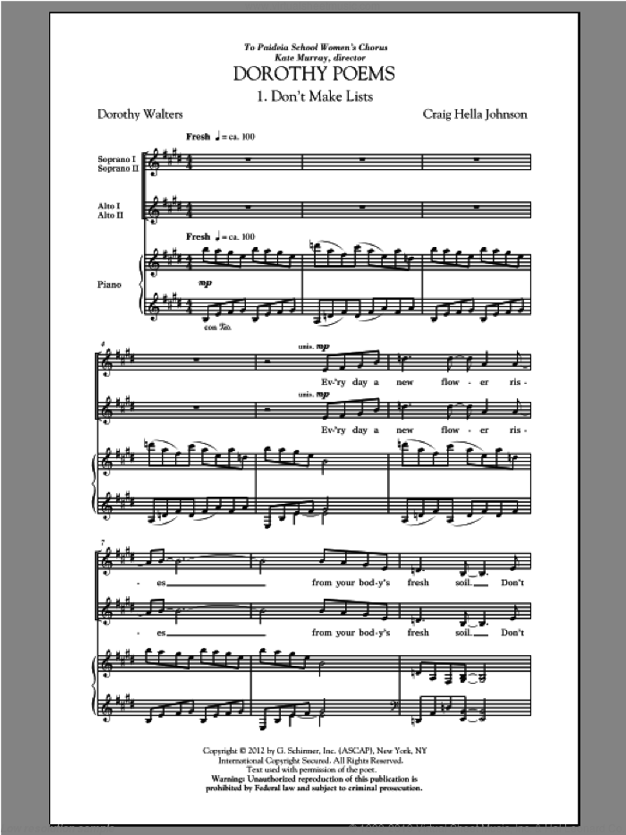 Don't Make Lists sheet music for choir (SSA: soprano, alto) by Craig Hella Johnson and Dorothy Walters, intermediate skill level