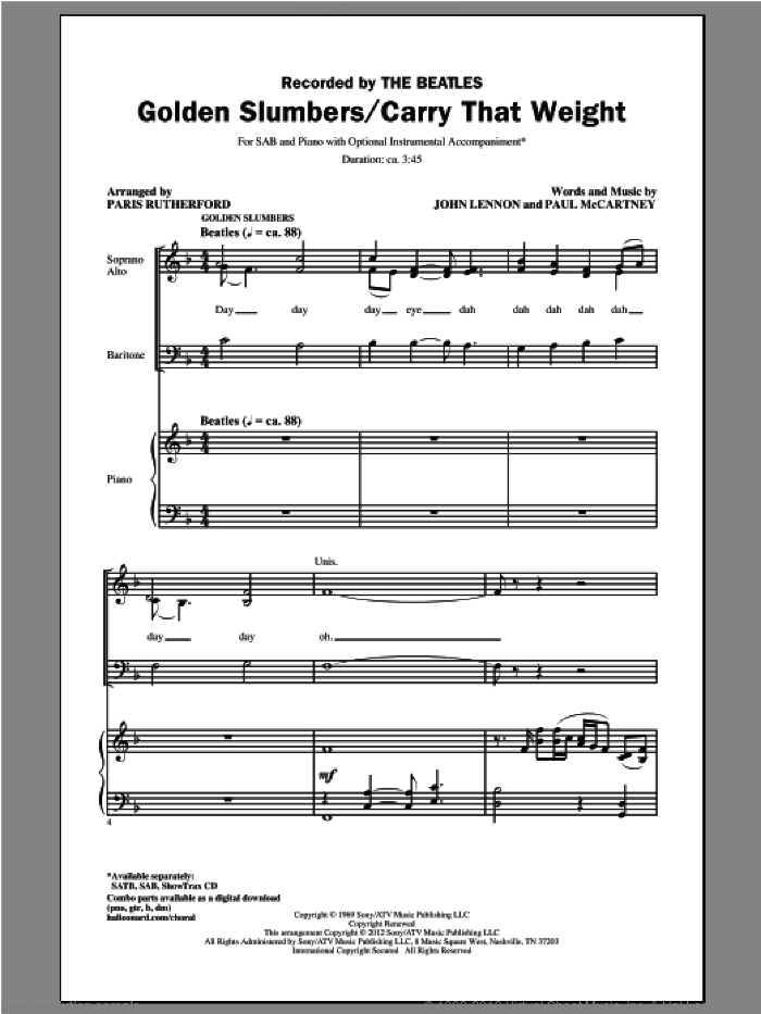 Golden Slumbers/Carry That Weight sheet music for choir (SAB: soprano, alto, bass) by The Beatles and Paris Rutherford, intermediate skill level