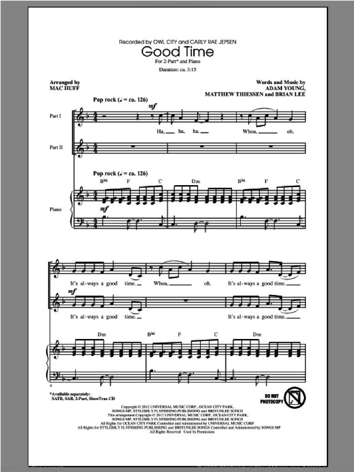 Good Time sheet music for choir (2-Part) by Mac Huff and Owl City, intermediate duet