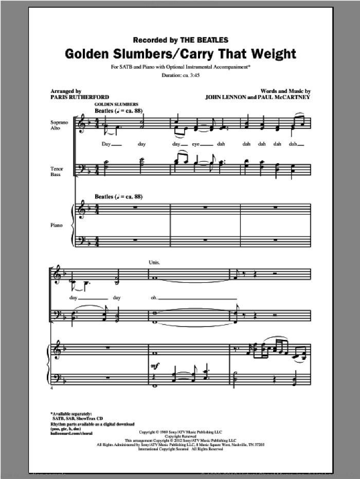Golden Slumbers sheet music for choir (SATB: soprano, alto, tenor, bass) by The Beatles, John Lennon, Paris Rutherford and Paul McCartney, intermediate skill level
