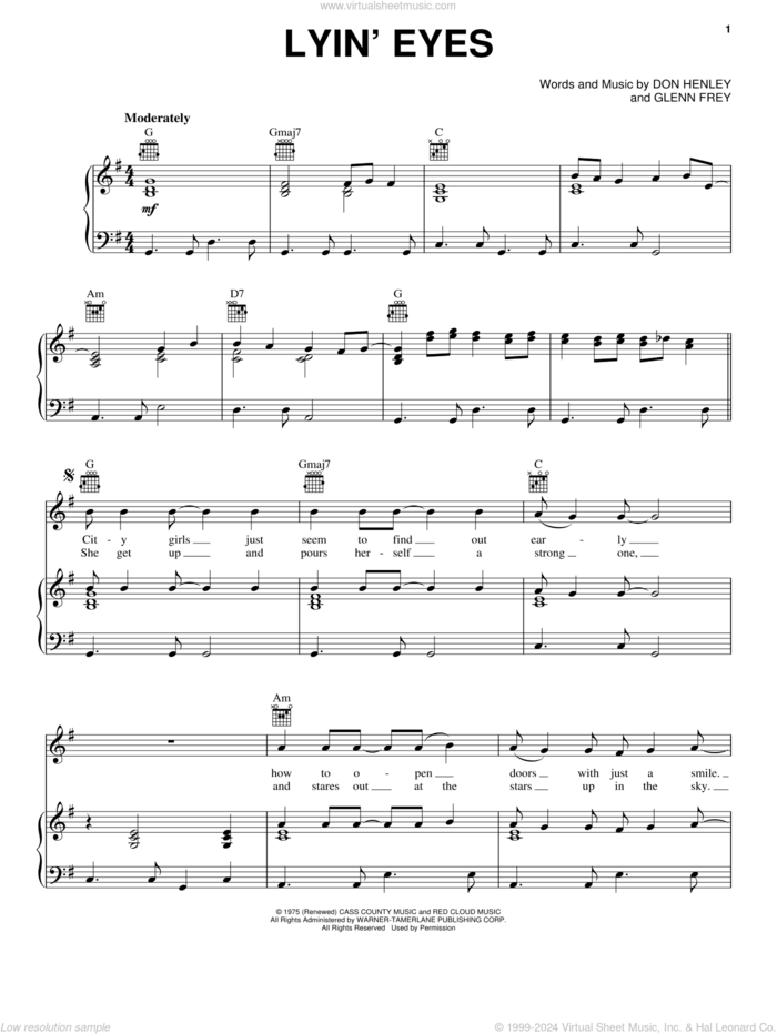 Lyin' Eyes sheet music for voice, piano or guitar by The Eagles, Don Henley and Glenn Frey, intermediate skill level