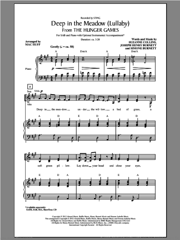 Deep In The Meadow sheet music for choir (SAB: soprano, alto, bass) by Mac Huff and Sting, intermediate skill level