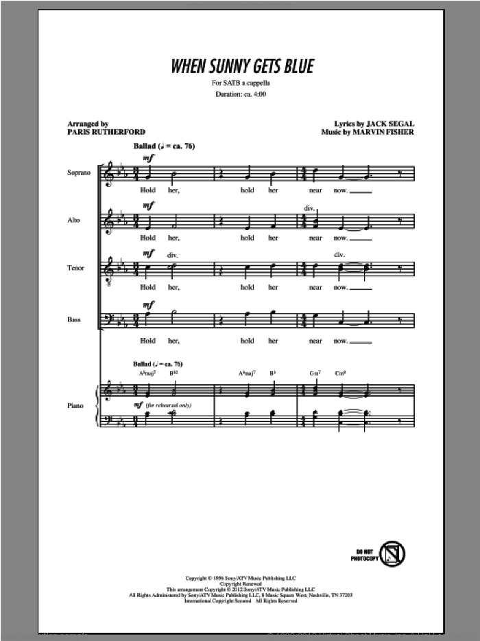 When Sunny Gets Blue sheet music for choir (SATB: soprano, alto, tenor, bass) by Paris Rutherford, intermediate skill level
