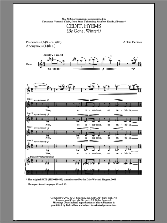 Cedit, Hyems (Be Gone, Winter!) sheet music for choir (SSA: soprano, alto) by Abbie Betinis, intermediate skill level