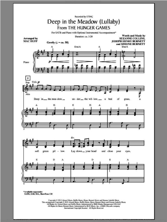 Deep In The Meadow sheet music for choir (SATB: soprano, alto, tenor, bass) by Mac Huff and Sting, intermediate skill level