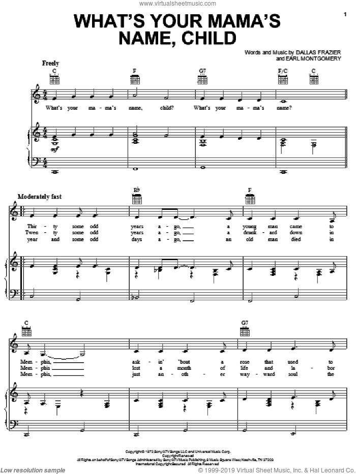 What's Your Mama's Name Child sheet music for voice, piano or guitar by Tanya Tucker, Dallas Frazier and Earl Montgomery, intermediate skill level