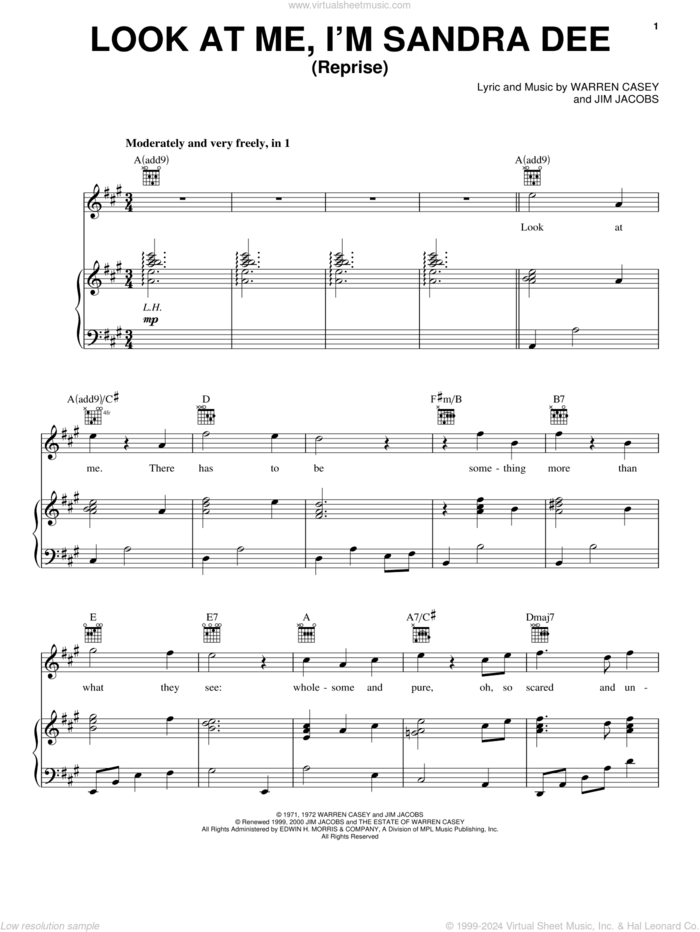 Look At Me, I'm Sandra Dee (Reprise) sheet music for voice, piano or guitar by Jim Jacobs and Warren Casey, intermediate skill level