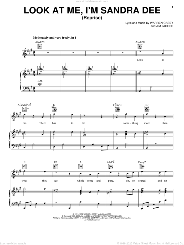 Look At Me, I'm Sandra Dee (Reprise) sheet music for voice, piano or guitar by Jim Jacobs and Warren Casey, intermediate skill level