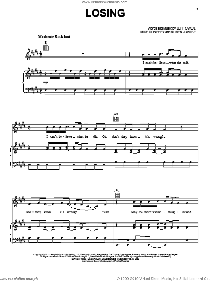 Losing sheet music for voice, piano or guitar by Jeff Owen, Mike Donehey and Ruben Juarez, intermediate skill level
