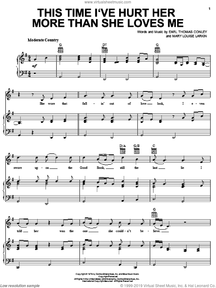 This Time I've Hurt Her More Than She Loves Me sheet music for voice, piano or guitar by Conway Twitty, Earl Thomas Conley and Mary Louise Larkin, intermediate skill level