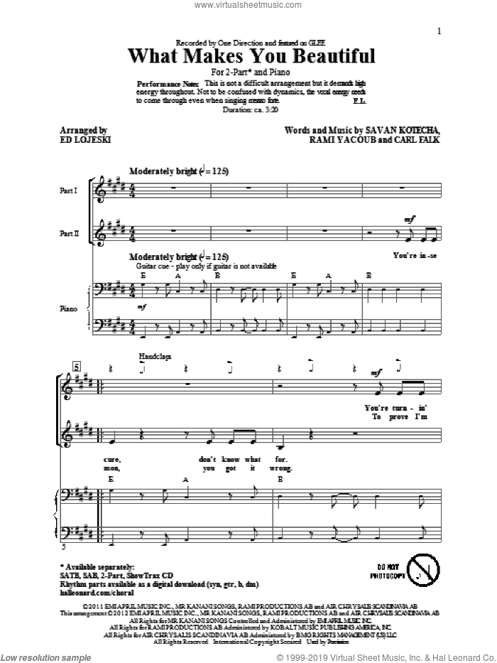 What Makes You Beautiful sheet music for choir (2-Part) by Ed Lojeski and One Direction, intermediate duet