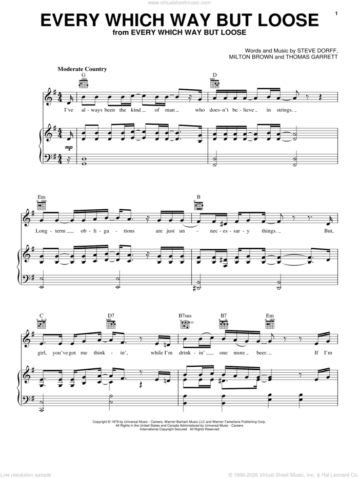 Every Which Way But Loose sheet music for voice, piano or guitar by Eddie Rabbitt, Milton Brown, Steve Dorff and Thomas Garrett, intermediate skill level