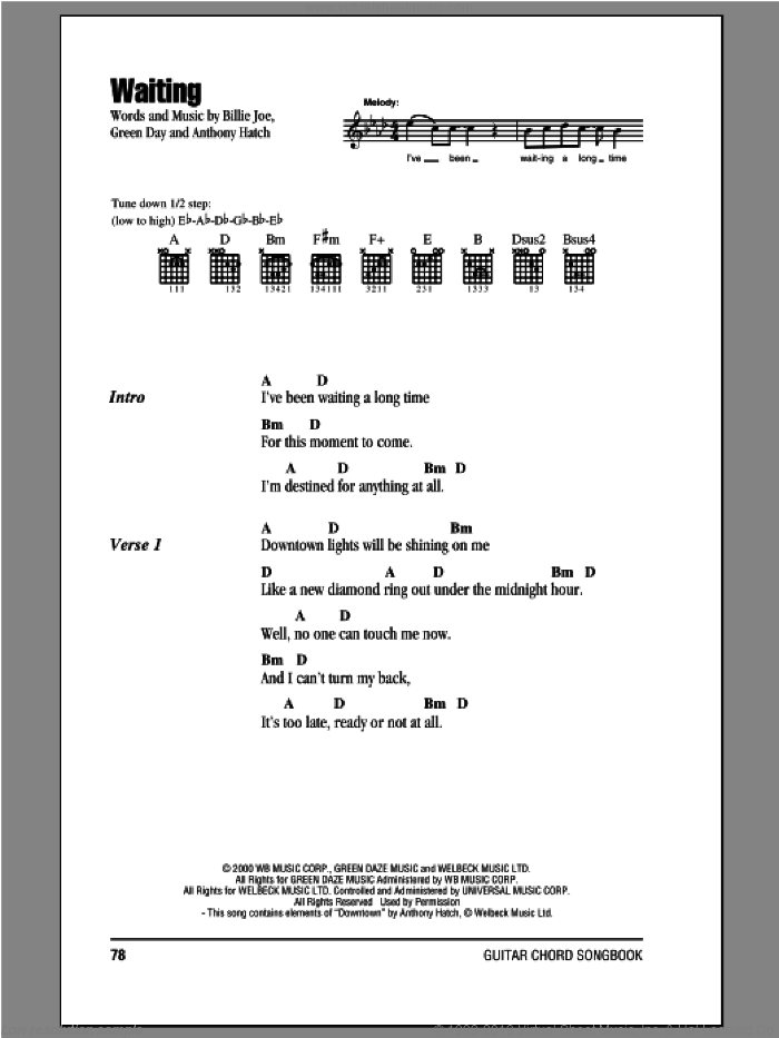 Waiting sheet music for guitar (chords) by Green Day, Anthony Hatch and Billie Joe, intermediate skill level
