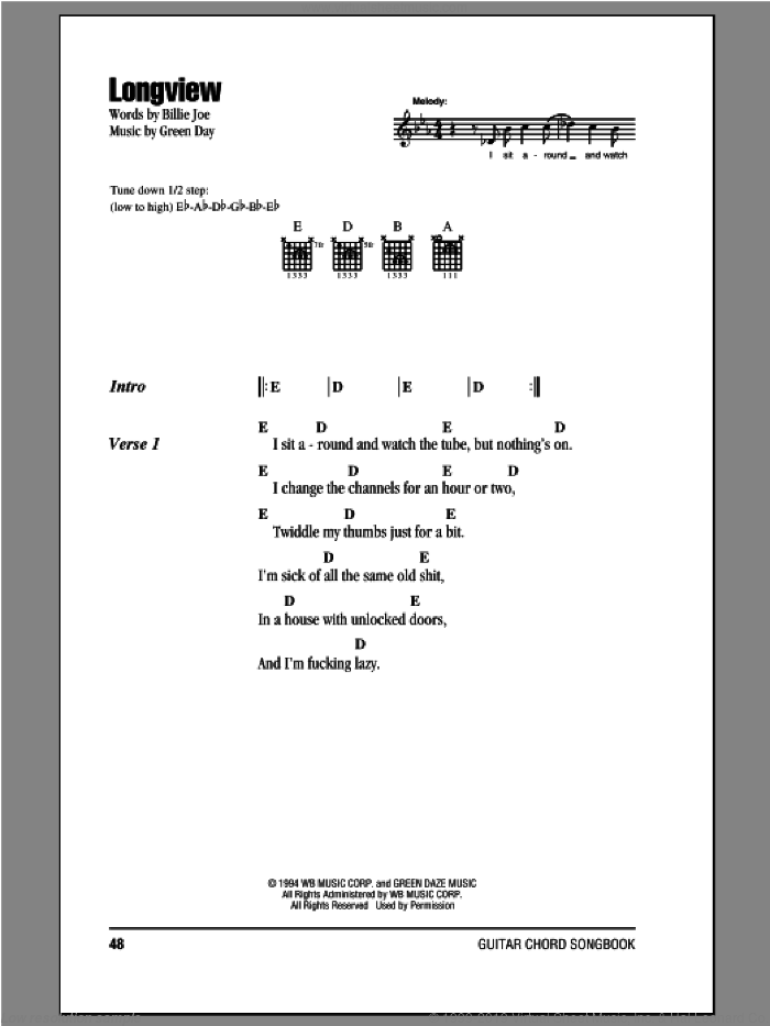 Longview sheet music for guitar (chords) by Green Day and Billie Joe, intermediate skill level
